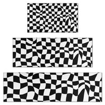 Black and White Wavy Checkerboard Pattern Kitchen Rugs Sets Of 3,Kitchen Runner Rugs Non Skid Washable,Decorative Kitchen Floor Mats for Kitchen,Sink,Laundry,17"x30"  17"x47"   17"x59"