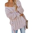 thumbnail image 1 of Women's Off Shoulder Long Sleeve V-Neck Ribbed Cable Pullover Sweaters Loose Fitting Jumper Tops, 1 of 6