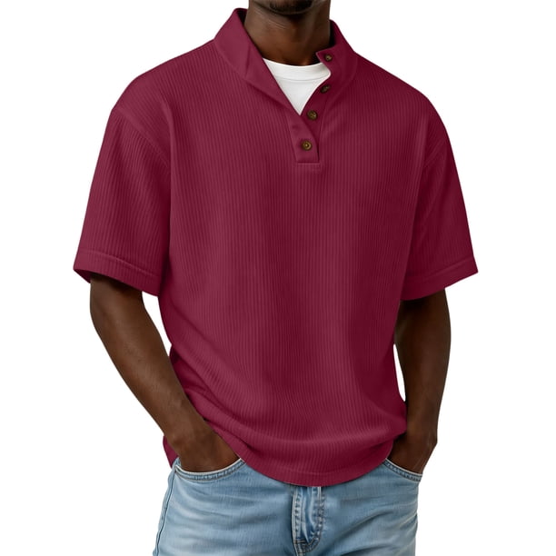 Blusas y camisas de manga corta y cuello redondo para hombre, de pana, color liso, informales, a la moda, con medio botón, cuello alto, manga corta, de poliéster.