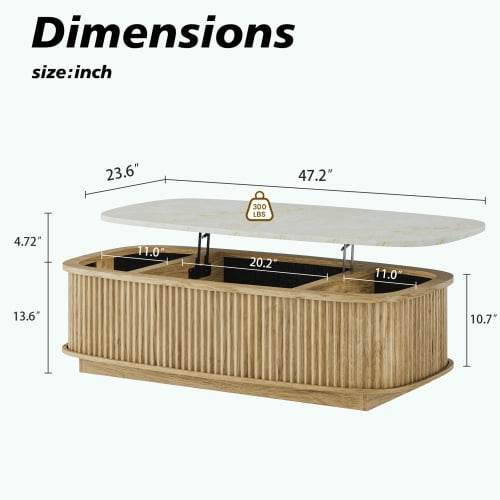 47.2" Oval Fluted Lift Top Coffee Table, Gas Spring Lift Tabletop Dining Table with Hidden Compartment & Open Storage Shelf, for Living Room, Home Office, Oak