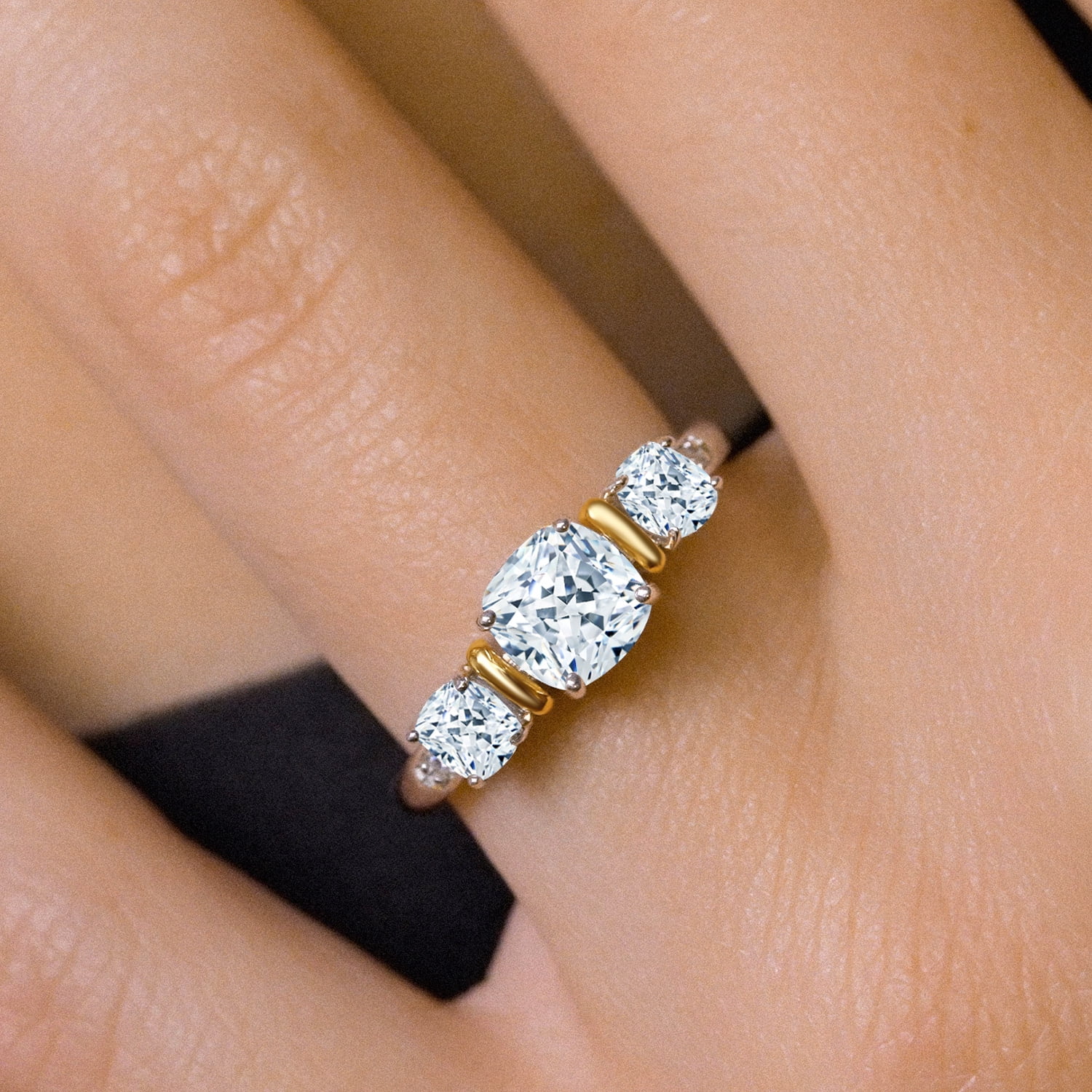 Gem Stone King 925 Sterling Silver and 10K Yellow Gold White Zirconia 3 Stone Engagement Ring for Women (2.02 Cttw, Cushion Cut 6MM and 4MM, Available in Size 5, 6, 7, 8, 9)