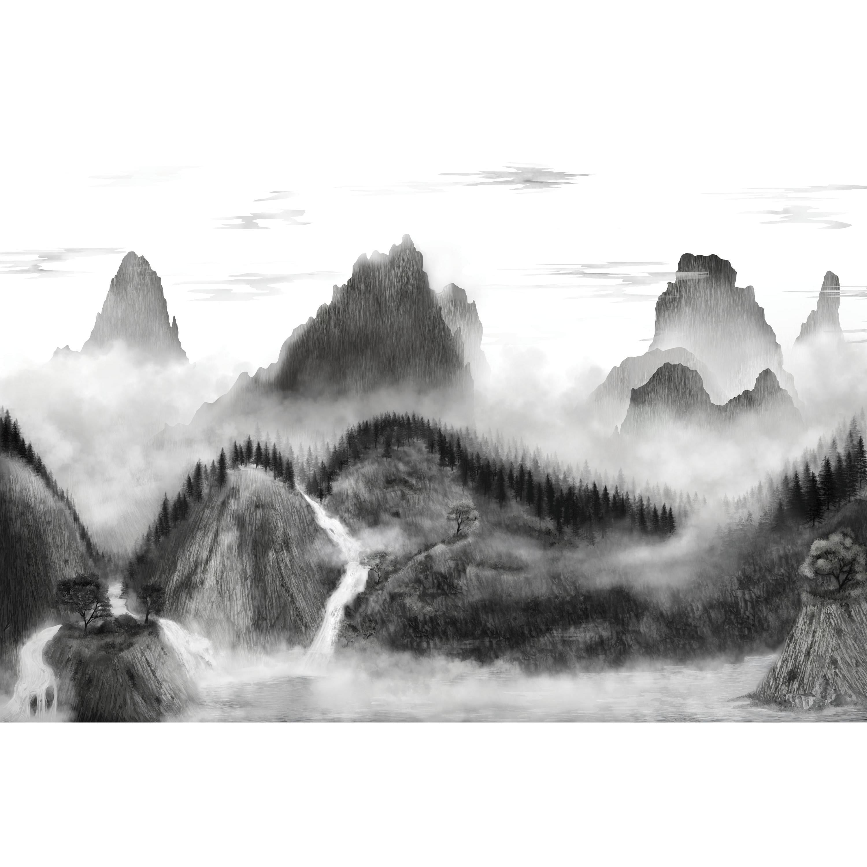 Black and white wallpaper with thick fog over the forest Peel & Stick Self adhesive Repositionable removable wallpaper