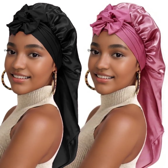 2Pcs Solid Color Bowknot Braid Bonnet Classic Long Satin Silk Bonnet Hair Cap, Soft Breathable Women Sleeping Night Cap, Silk Hair Bonnet For Braids, Curls, Locs