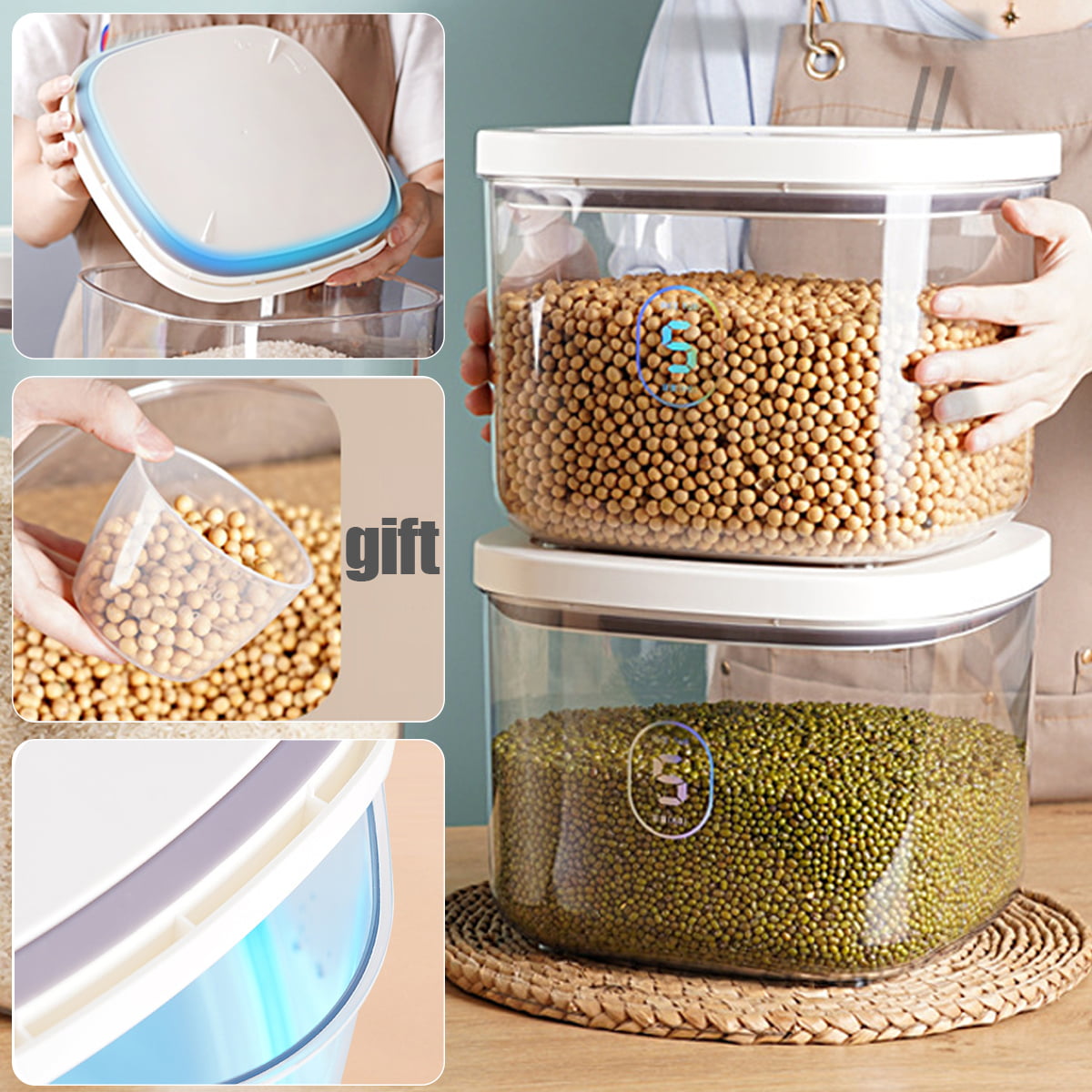 Threns Airtight Rice Container with Lid Measuring Cup 10 Lbs