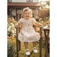 thumbnail image 5 of BemeyourBBs Kids Toddler Baby Girls Summer Smocked Dress Little Girl Cotton Linen Outfit Bow Print Short Sleeve Square Neck Ruffle Dress and Headband Set, 5 of 9