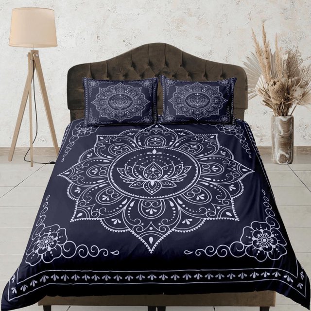 Mandala Azul Oscuro Funda Nórdica Boho Juego de cama Full, Queen, King, Dorm Bedding,