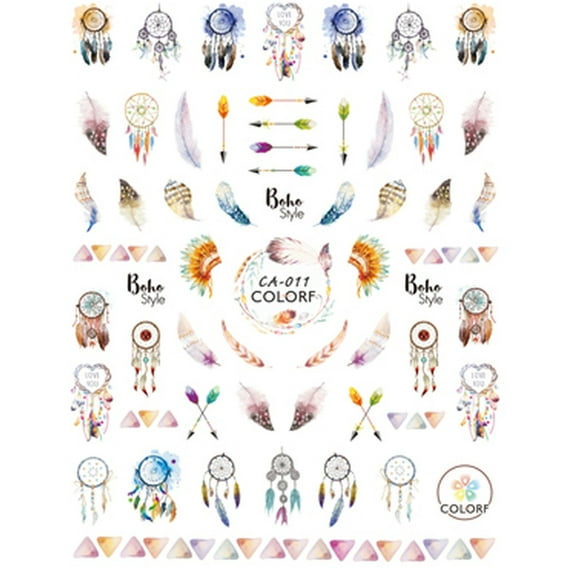 Boho inspired fingernail stickers with feathers, dreamcatcher free spirit pastel colors