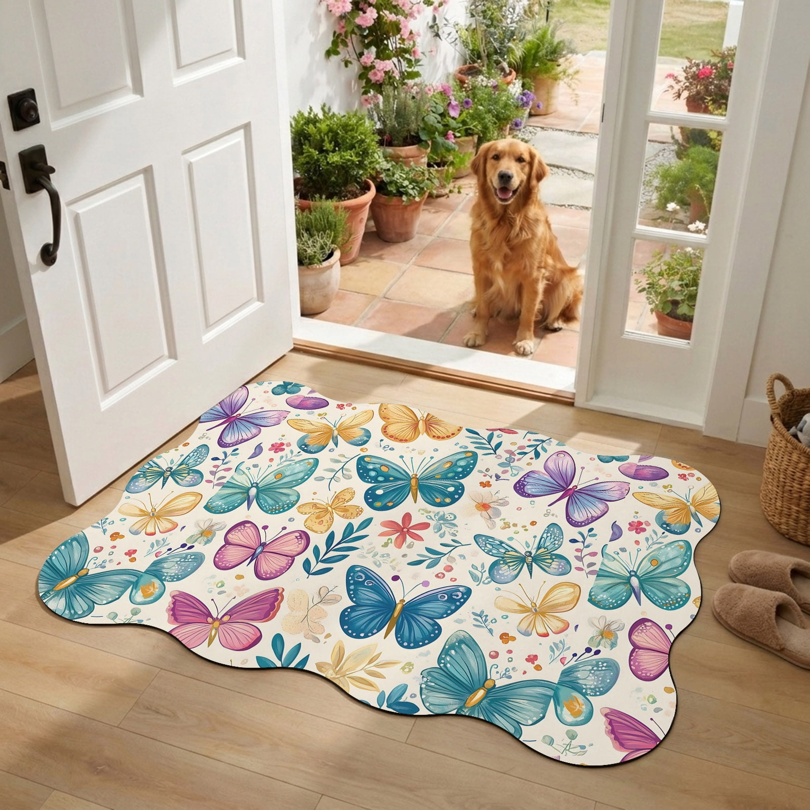 Front Door Mat Outside Entrance 18 x30 Spring Butterflies Absorbent & Non-Slip Scalloped Doormat Indoor Entrance Low-Profile Welcome Mat for Entryway Patio Summer Countryside Leaf Flowers