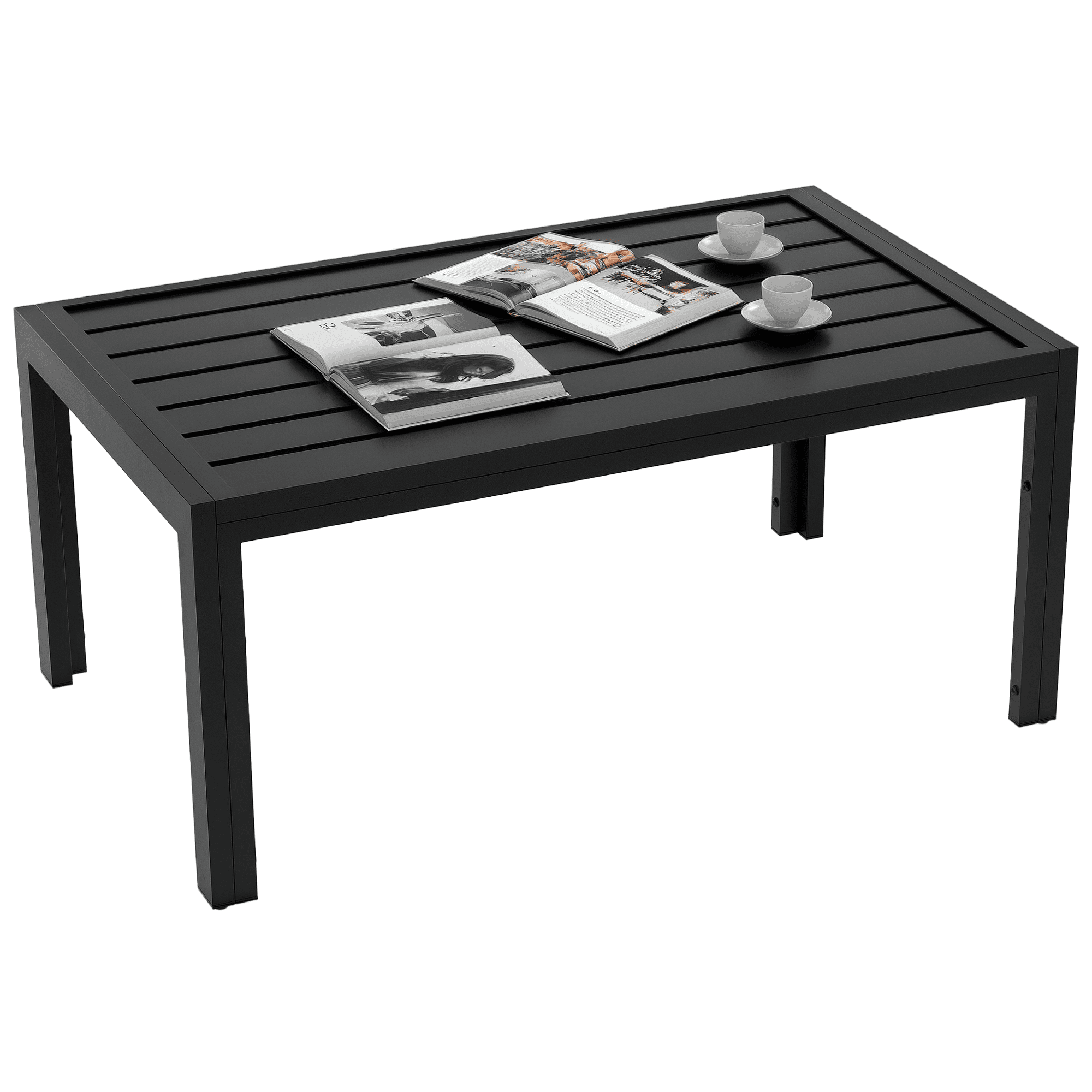 Outsunny Patio Coffee Table, Rectangle Outdoor Side Table with Steel Frame and Slat Tabletop for Garden, Balcony, Backyard, Porch, Black