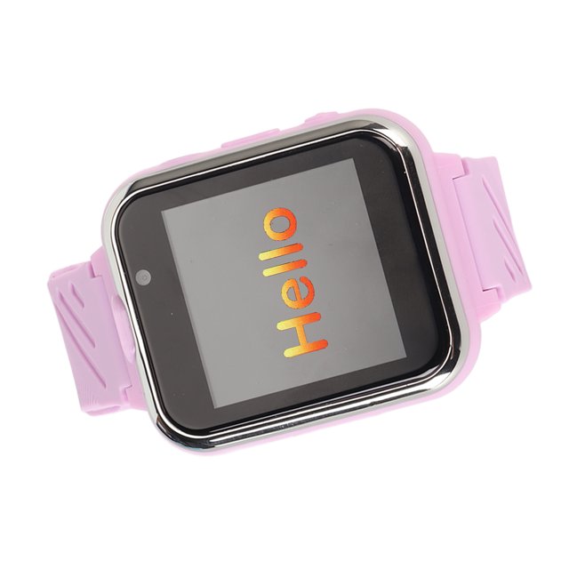 reloj inteligente para niños anggrek 154 pulgadas pantalla táctil a color reloj cuadrado con correa de silicona rosa y borde metálico, pantalla táctil IPS de 1.54" mostrando "Hello" y cámara frontal pequeña; vista 3/4 frontal sobre fondo blanco, funciones según especificaciones como llamadas bidireccionales, SOS y video chat; también es adecuado para que los niños practiquen rutinas de horario escolar.