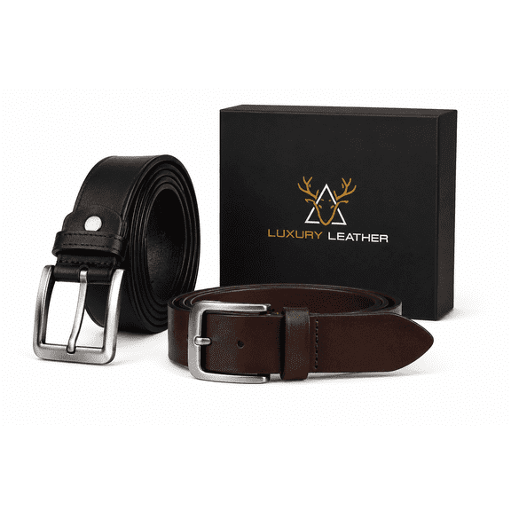 Luxury Leather Men's Leather Belt, Pack of 2, Black & Brown, Premium Durable Dress & Casual Belts for Men, Adjustable Metal Buckle, Comfortable Everyday Wear, Size 42
