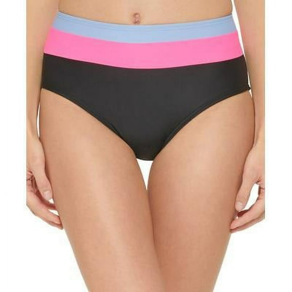 DKNY BLACK Colorblocked High-Waist Bikini Swim Bottom, US Medium