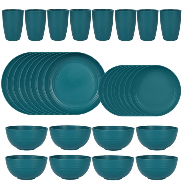 Nvzi 32pcs Wheat Straw Dinnerware Set,Plates and Bowls Set,Camping Dish Set for 8, Plastic Dinnerware Set,Dishwasher Safe Dinnerware Set,Dark Green