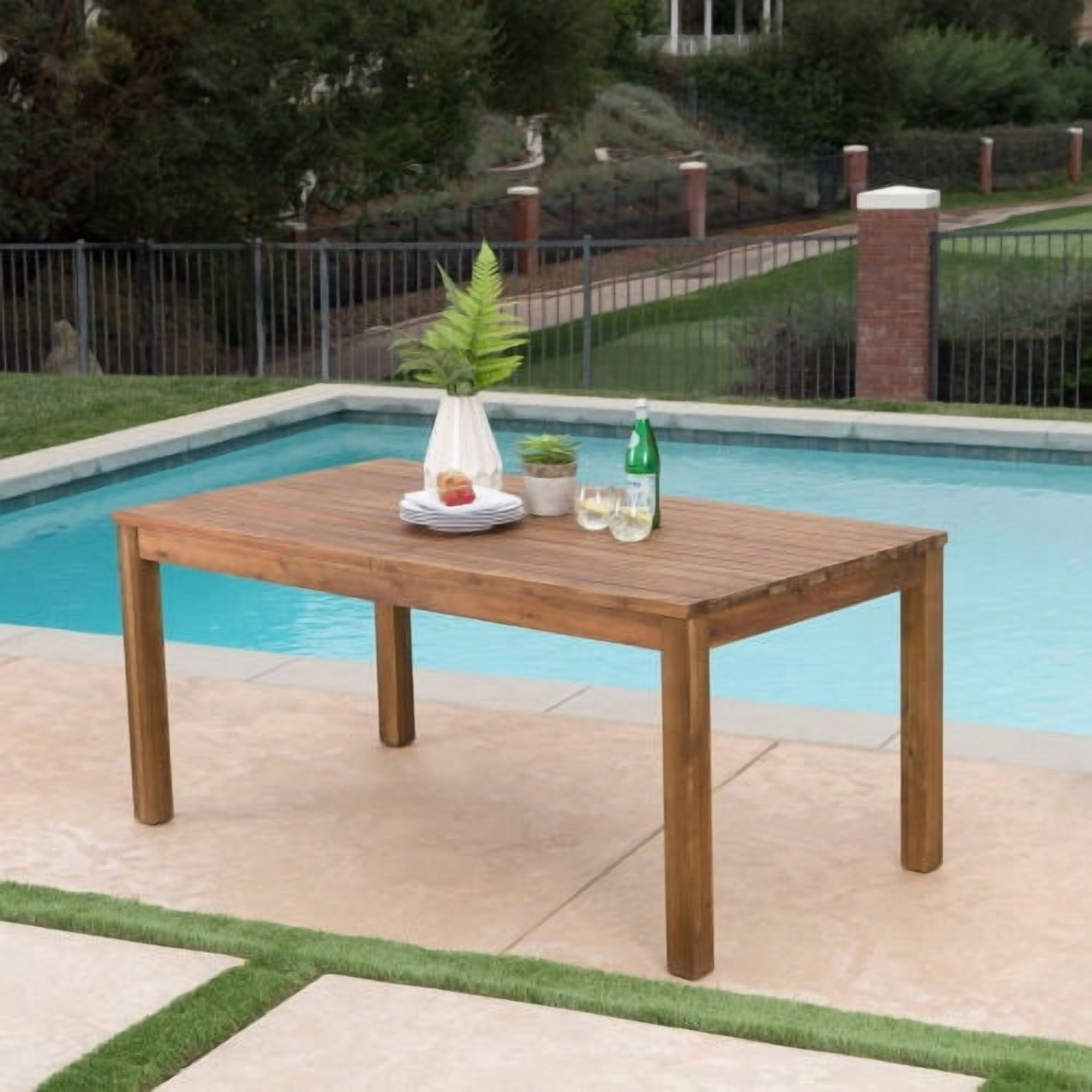 Extendable Acacia Wood Outdoor Dining Table, Teak Finish Rectangular Patio Expandable Table, Weather Resistant Slatted Top for Backyard Garden Porch, Adjustable Length 65.75"-85.43"