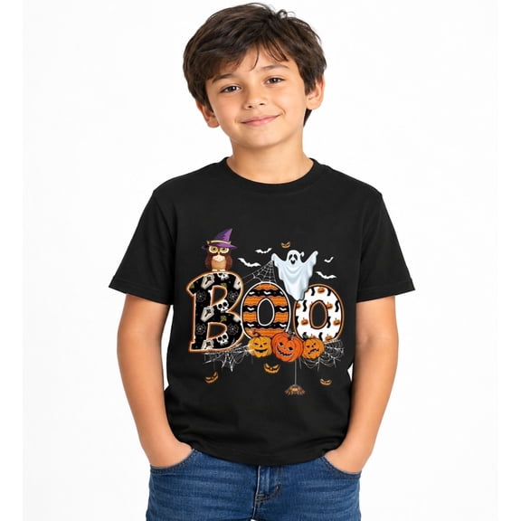 Boys Witch Ghost and Pumpkin Halloween T-Shirt, Spooky Graphic Short Sleeve Shirt for Fall and Seasonal Wear