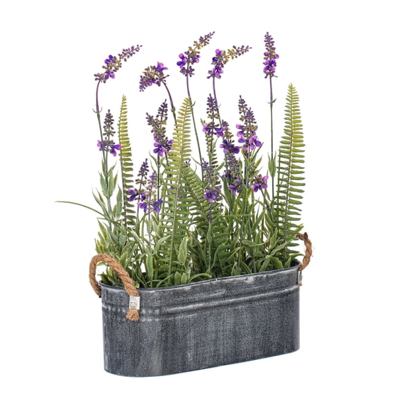 Vickerman 16" Artificial Lavender Flower Fern in Iron Pot.