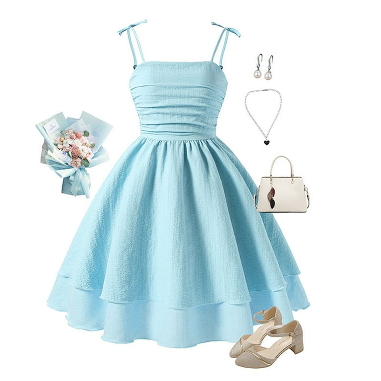 Light Blue Dress for Girls 10-12 Girl's Bow Tie Shoulder Ruched
