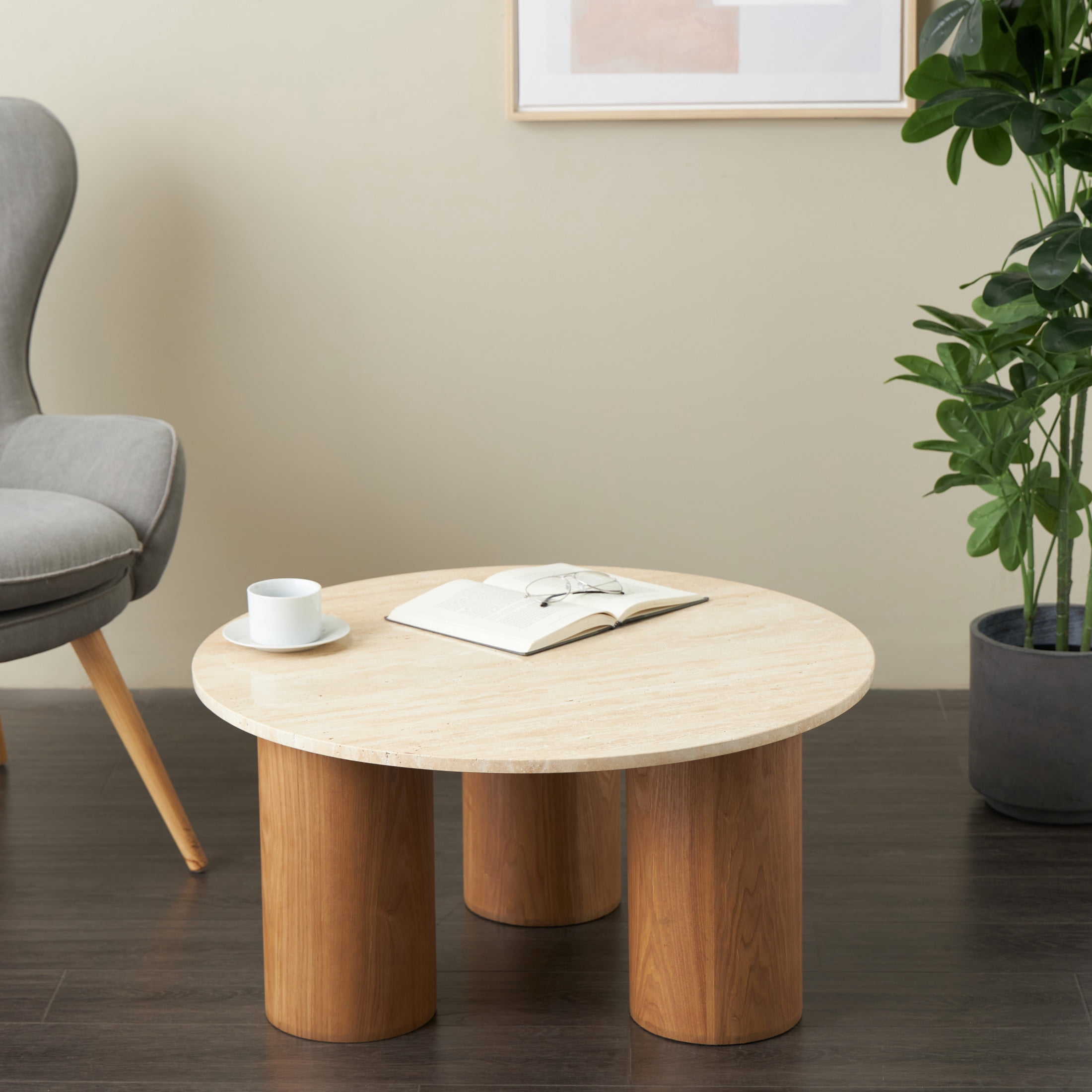 DecMode 32" x 16" Brown Wood Coffee Table with Beige Round Marble Top, 1-Piece