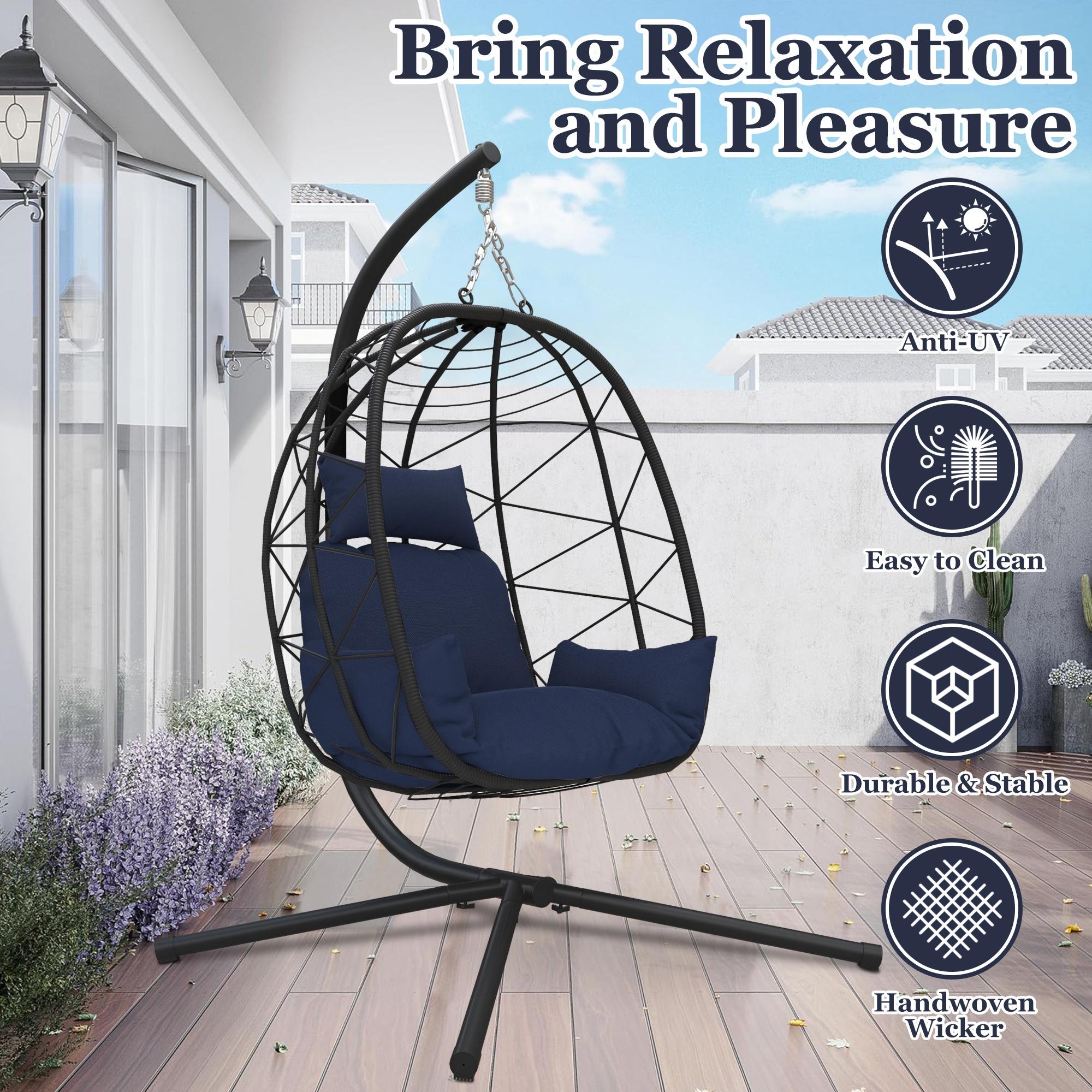 Egg Chair with Stand, Patio Wicker Hanging Chair, Egg Chair Hammock Chair with UV Resistant Cushion and Pillow for Indoor Outdoor, Patio Backyard Balcony Lounge Rattan Swing Chair, JA2832 - image 5 of 9