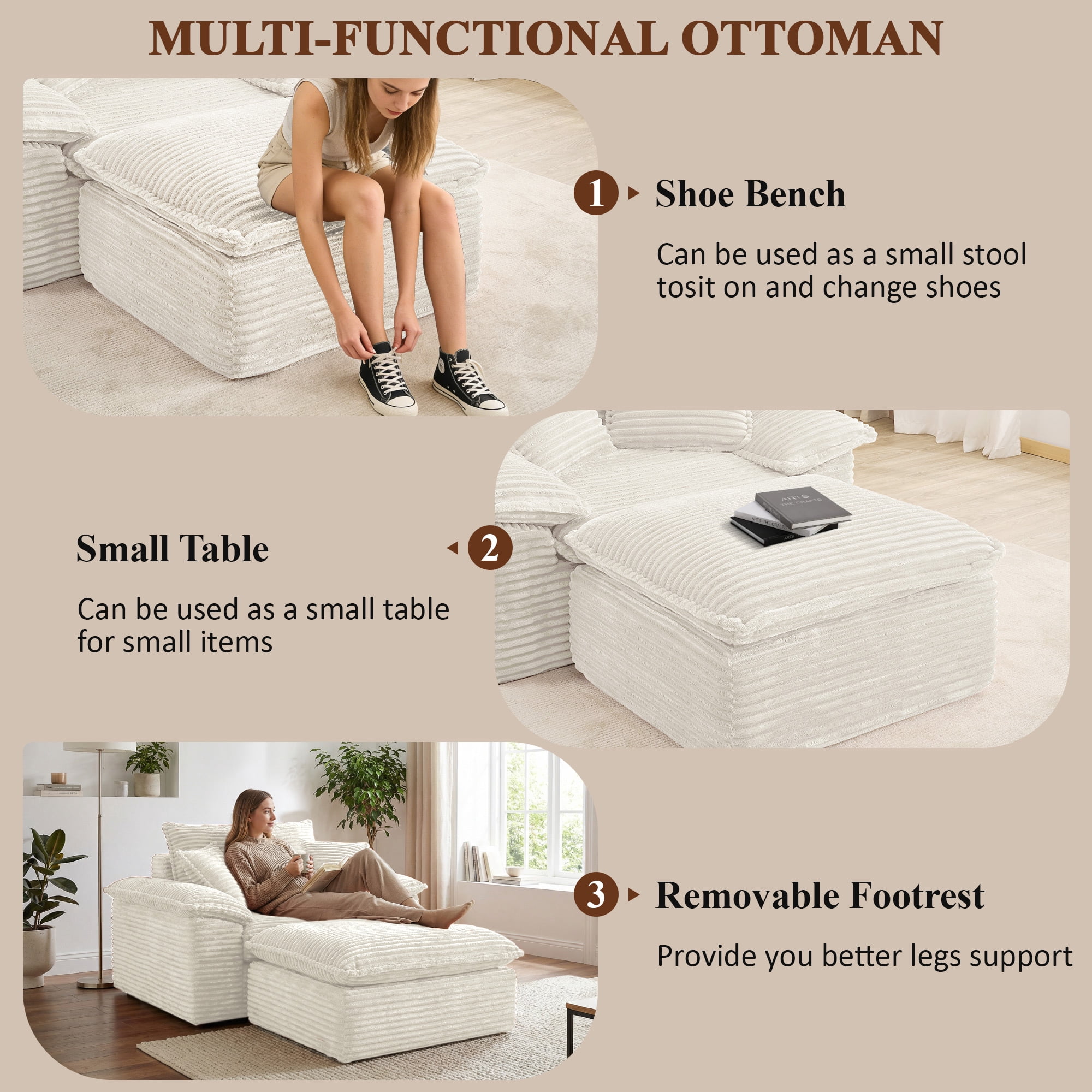 Aukfa 63.5" Oversized Chaise Lounge Sofa with Movable 2-Layer Ottoman, Deep Seat Boneless Couch, Corduroy Lounge Chair, Beige