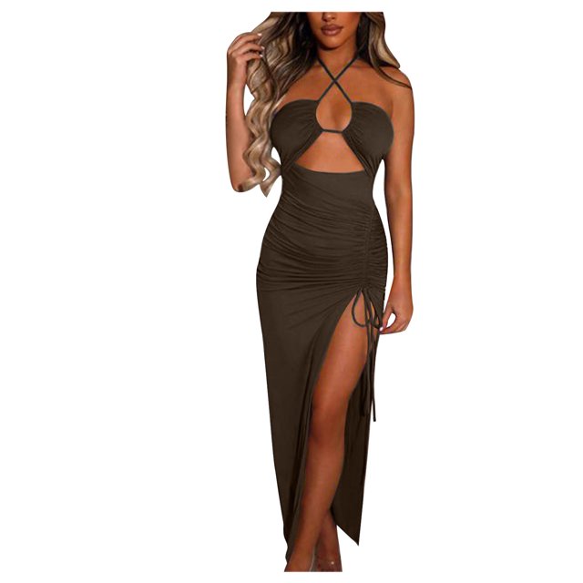 Fankiway Femmes Été Sexy Split Style Pendaison Cou Ouvert Dos Sangle V-Cou Robe Femmes Plage Robes Grande Taille Femmes Robes