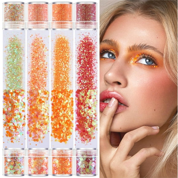 Gabox Ensemble de 8 Pots Cosmétiques Orange Coucher de Soleil Paillettes Chunky Résine Holographique Paillettes Fines Poudre+1mm+2mm+3mm Paillettes Art Iridescent pour Corps Visage Yeux Cheveux Artisanat