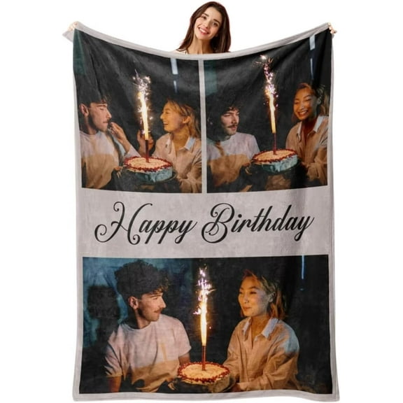 AISENIN Custom Happy Birthday Blankets with Photos Custom Picture Blanket Personalized Photo Blankets Customize Birthday Gifts for Girlfriend Boyfriend Couple Wife Husband Mom Dad Adults