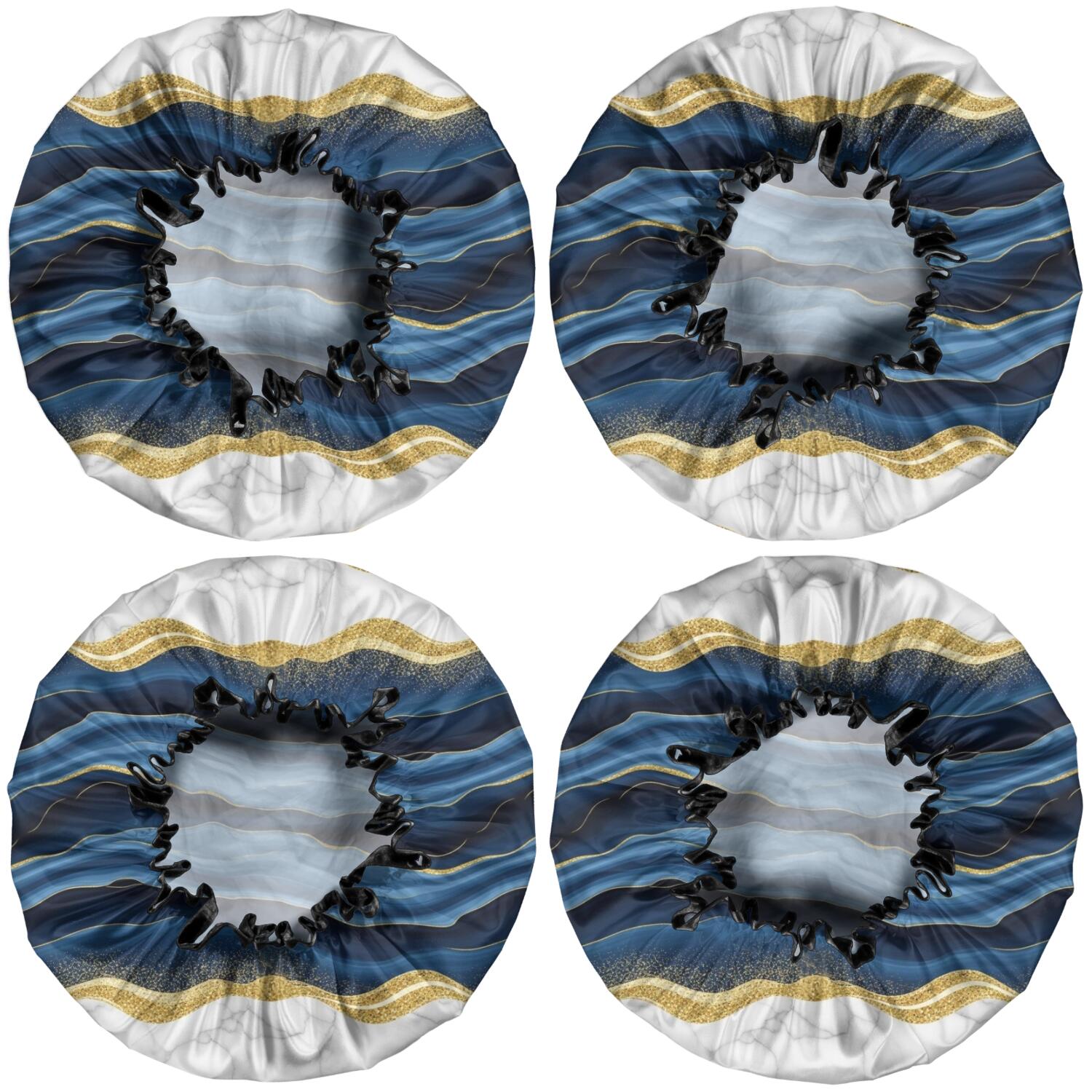 Shower Caps,Blue Gold Wave Marble Pattern Waterproof Shower Cap for Women 4 Pieces,Double Reusable Hair Cover for Shower PEVA Elastic Stretch Hem