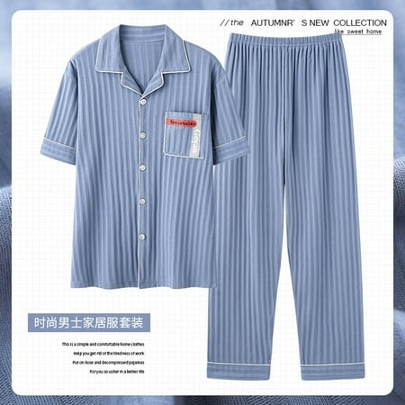 

QWZNDZGR L-5XL Summer Elegant Pyjamas Knited Cotton Men s Pajamas Sets Long Pants Sleepwear Pyjamas Night Pijamas Plus Size Homewear PJ