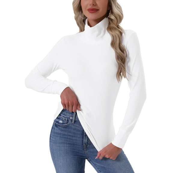 INSPIRAR CHIC Camisetas de Cuello Alto para Mujeres, Camisas de Manga Larga de Cuello Mock, Camisetas Térmicas Cálidas para Otoño Invierno, Capa Básica, Talla XX Grande, Blanca