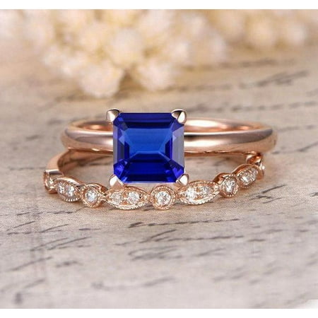 Princess Blue Sapphire Diamond - 1.25 Carat Princess Cut Blue Sapphire and Diamond Halo Bridal Set in Rose Gold: On Limited Time Sale