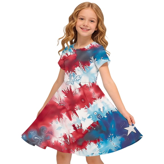 Amidoa Girl Dresses A-Line 4th of July Swing Short Sleeve Dress Casual Summer Sundress for Kids Multicolor Size 7