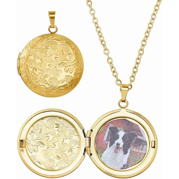 Photo Locket Necklaces Stainless Steel Personalized Necklace Vintage Engraved Flower Picture Necklace for Women Ladies Wife Gold DIY