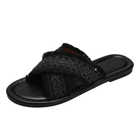 

Daznico Womens Sandals Women Beach Slip On Weave Cloth Casual Open Toe Non Slip Flat Breathable Slippers ( Black 8 )