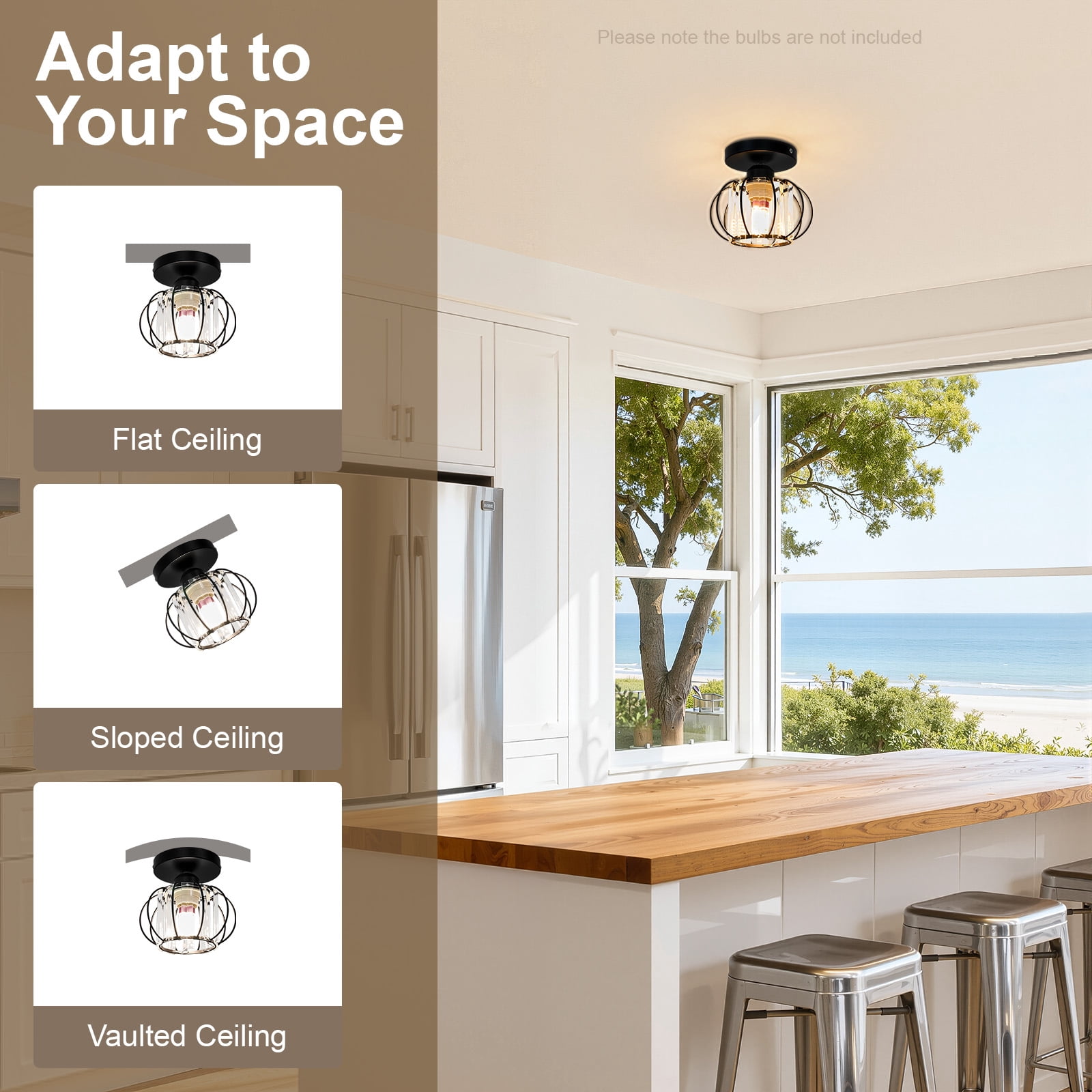 Ceiling Light Fixture, Black Cage Industrial Semi Flush Mount Light with Clear Glass Shade, E26 Base Pendant Light for Kitchen Hallway Bedroom Farmhouse Entryway, 110-240V (Bulb Not Included)