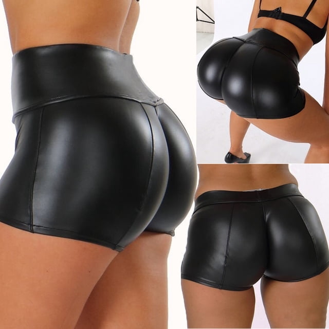 MKLEKYY Pantalones Cortos de Mezclilla para Mujer, Sexys, Negros, Lisos, de Cintura Alta, de Cuero, A La Moda