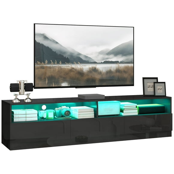 HOMCOM Meuble Télé à Fini Très Lustré pour Téléviseurs jusqu'à 75 Pouces avec Lumières Rangement Noir
