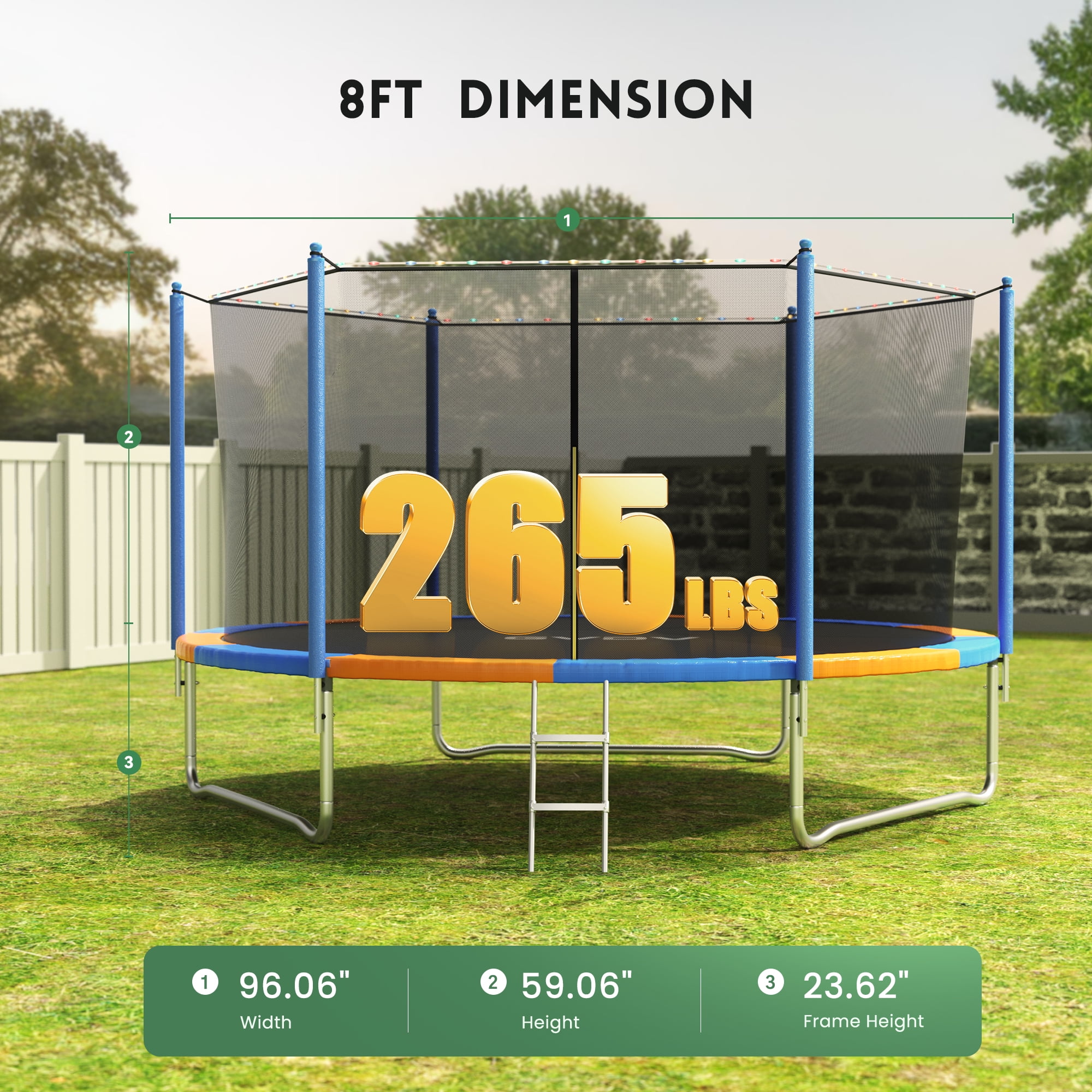 GVDV Outdoor Trampoline, 8' Backyard Recreational Trampoline with Enclosure for Kids & Adults