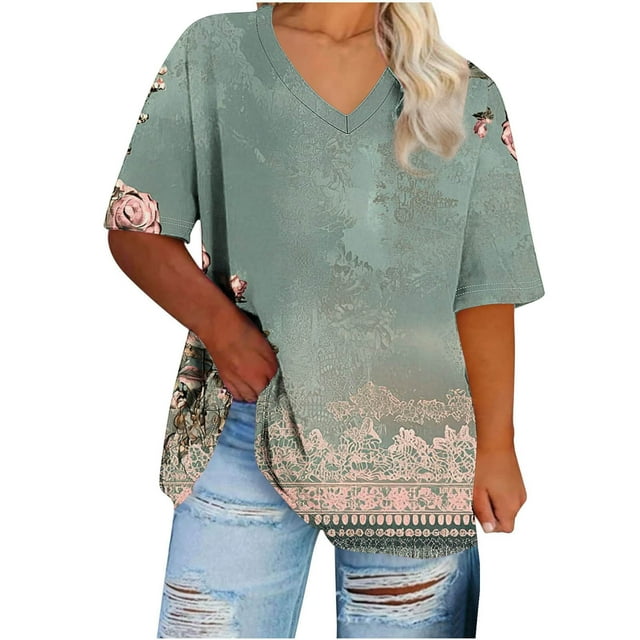 Tamaño Más Manga Corta Tops para la Impresión de Cuello en V de las Mujeres, Color Sólido Base de Verano Camiseta Casual