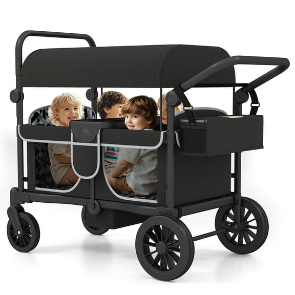 Reasea 4-Seater Foldable Stroller Wagon for Kids, with Canopy, Adjustable Handlebar, 5-Point Safety Harness, Removable Snack Tray & Carry Bag - Black