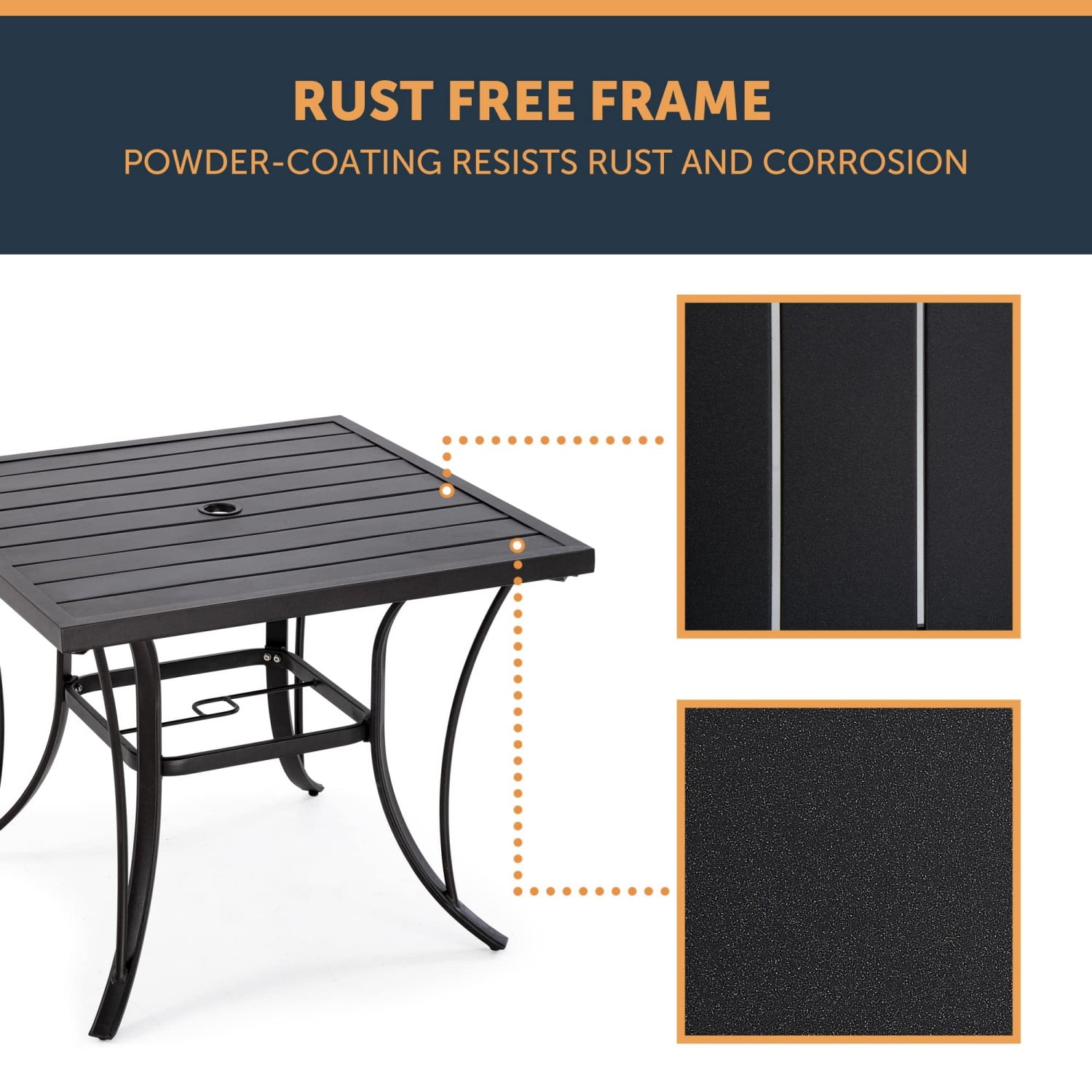 Patio Dining Table for 4, Square Outdoor Metal Table with 2" Umbrella Hole, Steel Slat Backyard Furniture for Garden Porch Poolside Black（35" x 35" x 28.5"）
