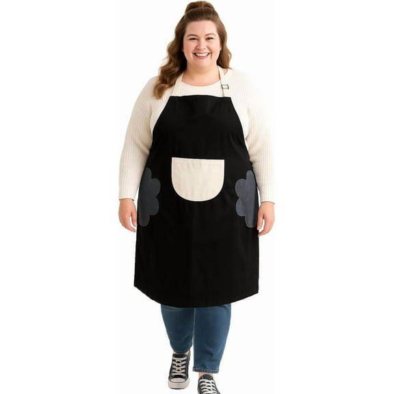 URBY 1pc Plus Size Extra Wide Apron with Hand Wiper Round Pockets, Black