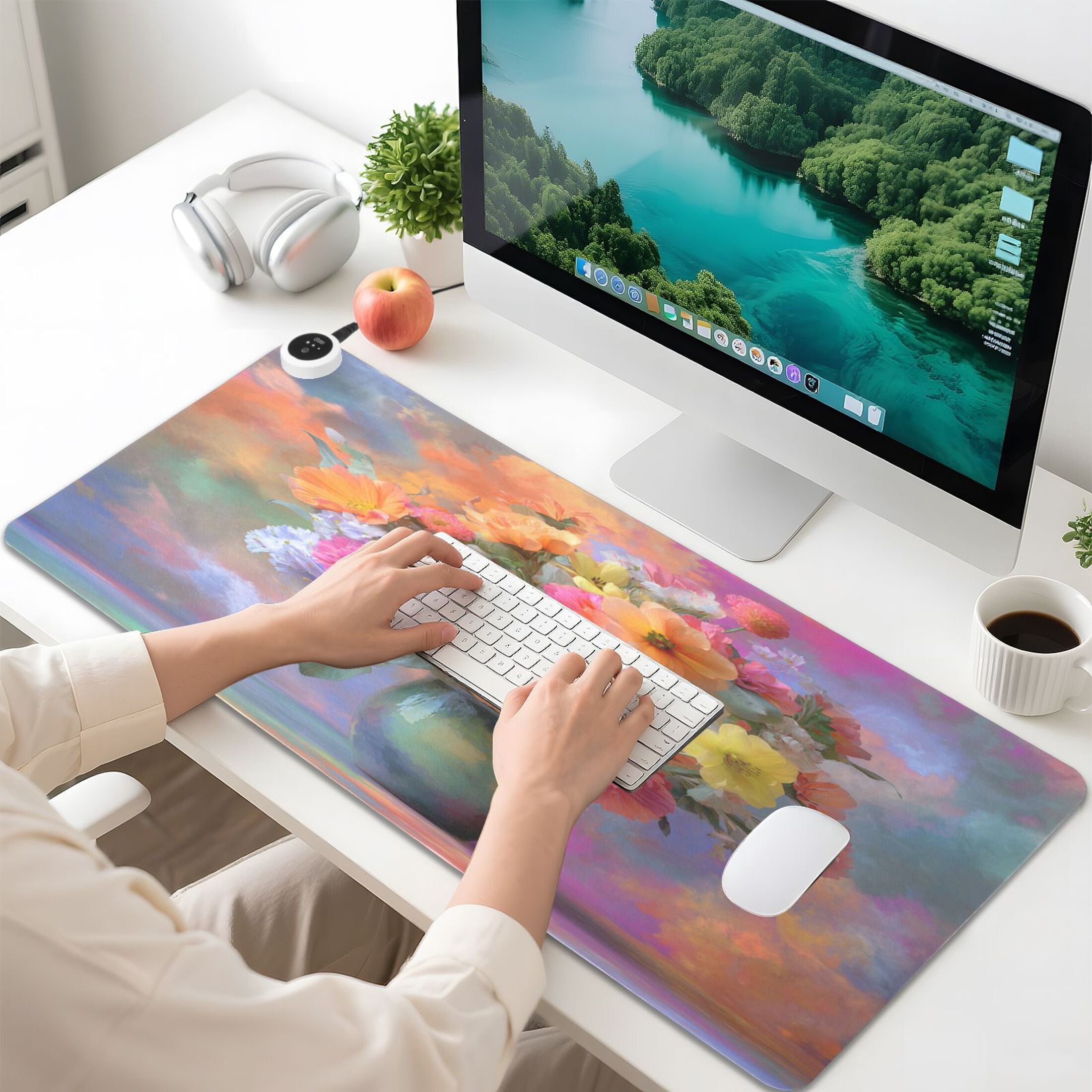 Large Heated Desk Mat Mouse Pad 31.5"x13"PU Leather Graphene Heating Desk Warmer with 3 Temperature Settings 110V US Plug Non-Slip Warm Pad for Home, Office, and Gaming Vivid Flowers in A Vase