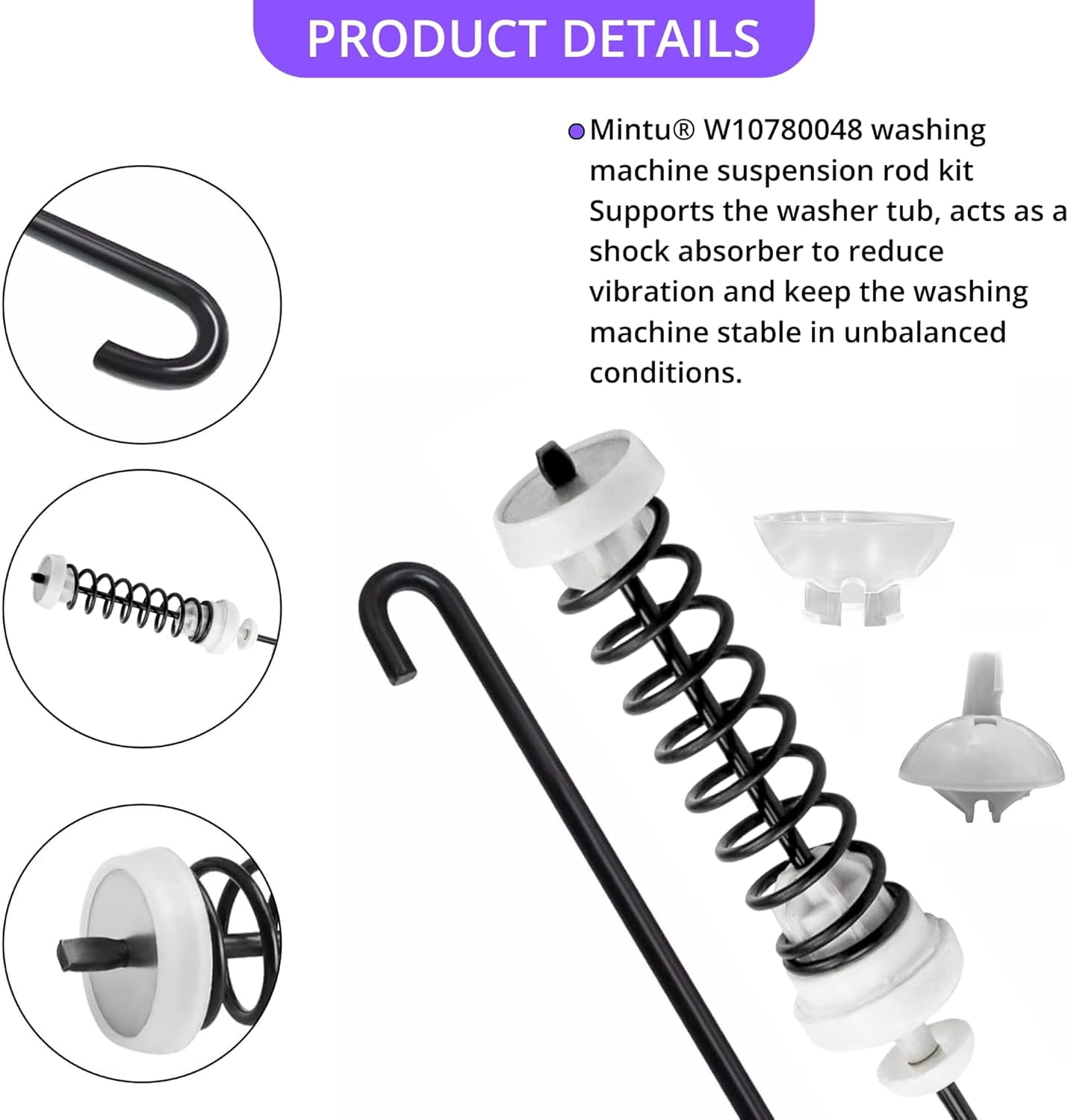 Washer Suspension Rod Kit W10780048 W10257088 W10349191  Replacement for Whirlpool, Maytag, Kenmore, Amana, Admiral – 4 Rods with Springs & Bushings