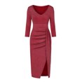 thumbnail image 4 of WREESH Robe de Soirée à Manches Longues Plissée Fendue Couleur Unie pour Femmes Col en V Ajustée, 4 of 6