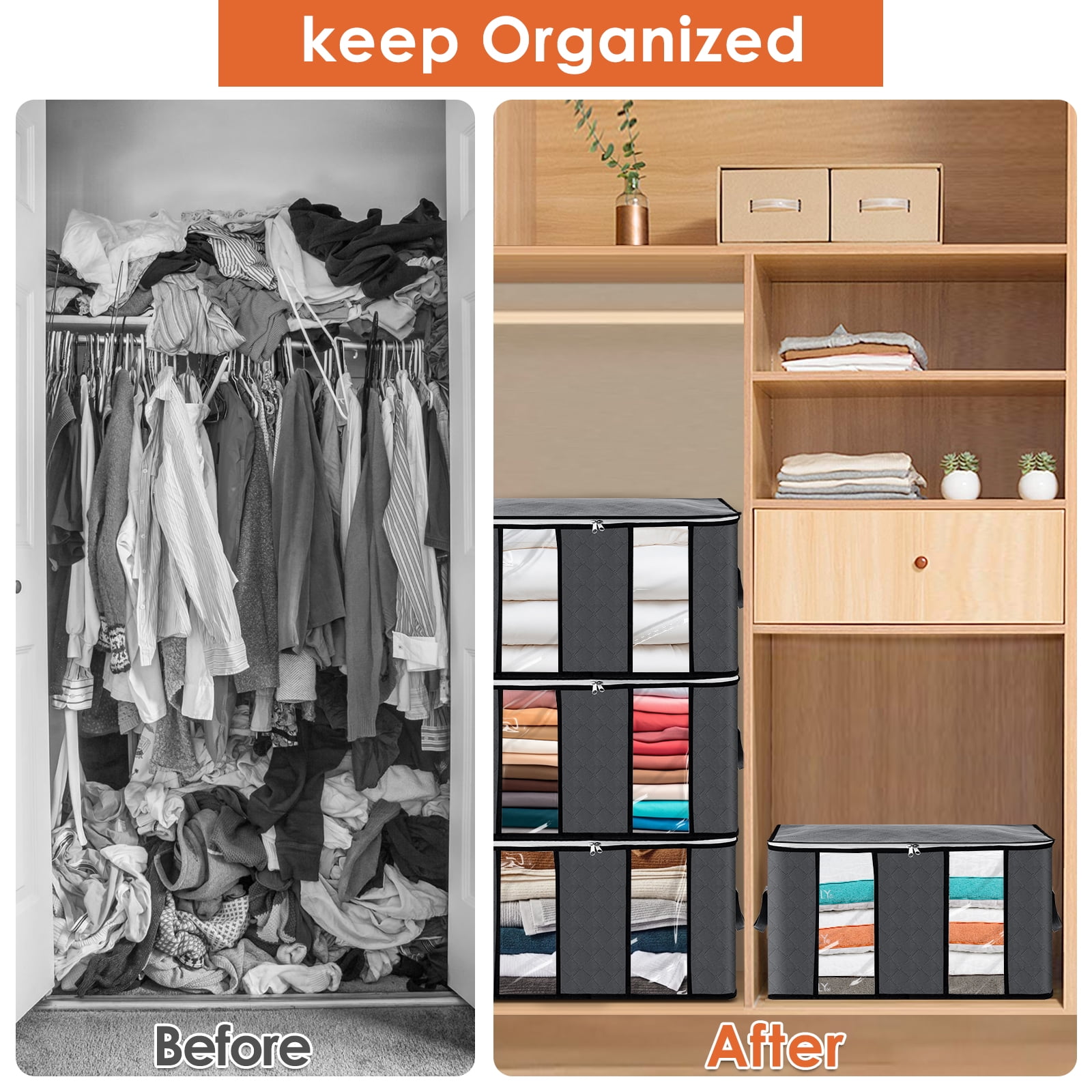 6 Pack Clothes Storage Bags Organizers, Large Closet Storage Bags with Reinforced Handle, Foldable Clothes Storage Bags Closet Organizers, Blanket Storage Bags for Bedding, Clothes-Gray