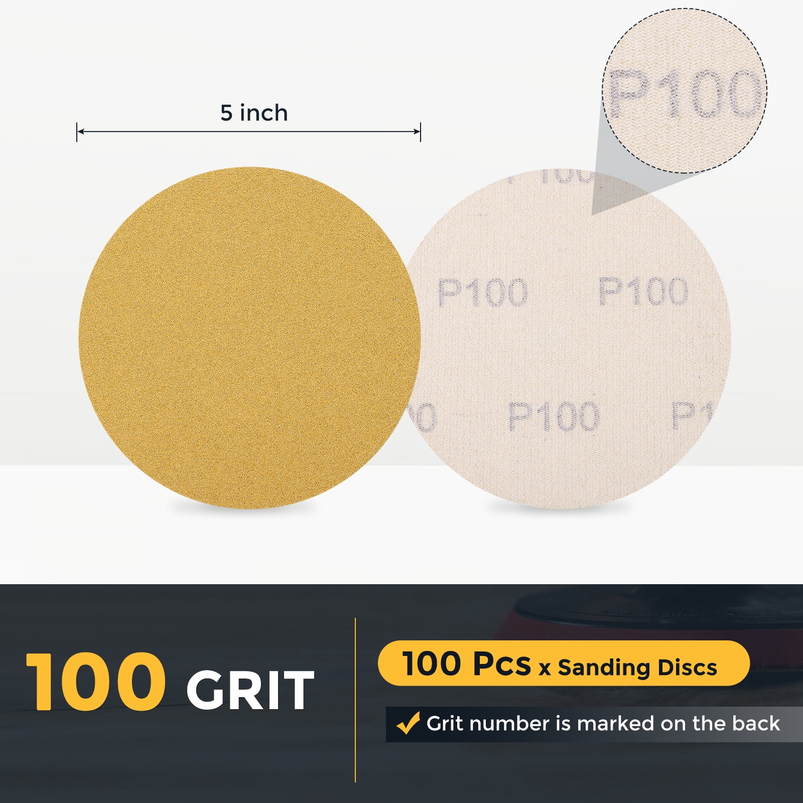 100 Pcs 5 Inch Sanding Disc 100 Grit Hook and Loop Sandpaper Random Orbital Sander Pads for Woodworking Automotive, Gold