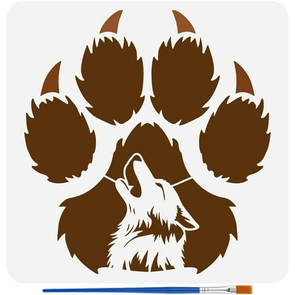 Paw Claw Stencil with 1Pc Plastic Paint Brush 11.8x11.8inch Reusable Wolf Howling Drawing Stencil Animal Theme Template for Painting on Wall Wood Furniture DIY Home Decoration