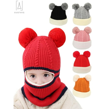 

GustaveDesign Winter Children Knitted Scarf Earflap Beanie Warm Scarf Velvet Lining One-piece Hooded Scarves Skull Caps for Boy Girl (Red)