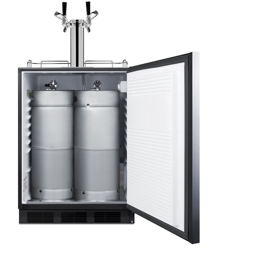 Built-in kegerator for use under ADA compliant counters with dual tap kit for two 1/6 kegs, front lock, and two tap locks